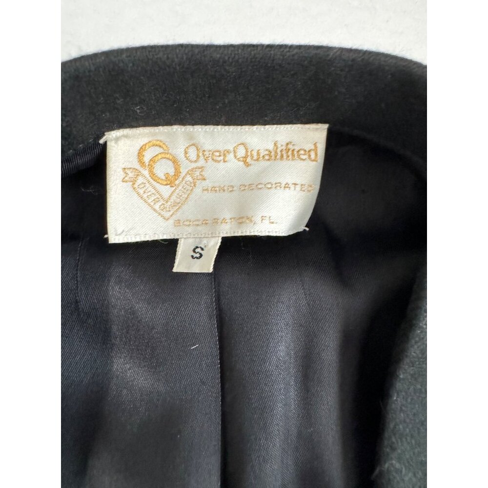 Over Qualified Blazer Womens 8 Embellished Crest Gold Braid Black Wool - Picture 3 of 11